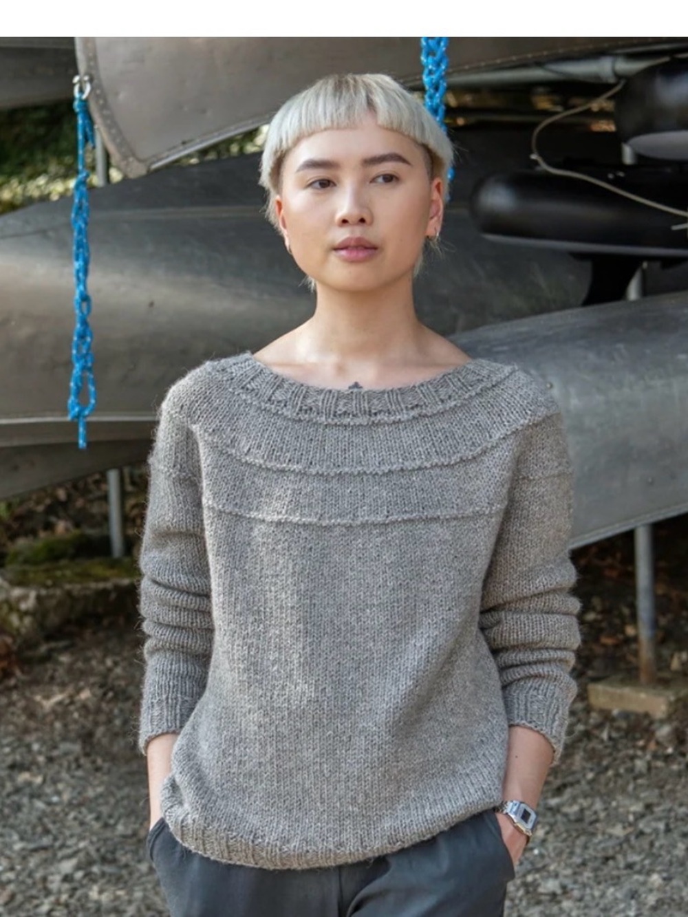 Handmade handknit Fibre Co sample sweater gray M wool alpaca blend